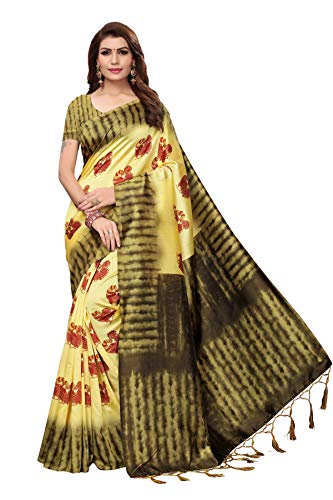 ETHNICMODE Indian Women's Art Silk Kalamkari and Bhagalpuri Style Sari with Blouse Piece NAGMAA Lemon