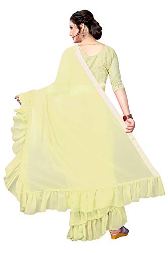ETHNICMODE Indian Women's Georgette with Ruffle Border Style Sari with Blouse Piece Triple Ruffle Lemon