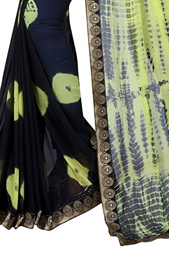 ETHNICMODE Indian Women's Shiffon Bandhani and lehariya Style Sari with Blouse Piece Jaquard Lemon