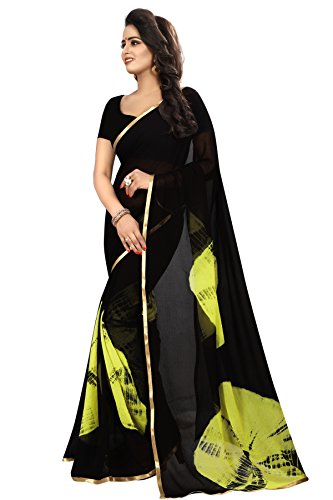 ETHNICMODE Indian Women's Shiffon Bandhani and lehariya Style Sari with Blouse Piece Lemon LAHERIYA