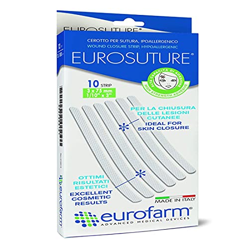 Eurosuture (mm 3 x mm 75) Tiras Estériles Para Sutura Cutánea, Adhesivo Hipoalergénico, Efecto Descolorado para un Mejor Resultado Cosmético.10 Unidades