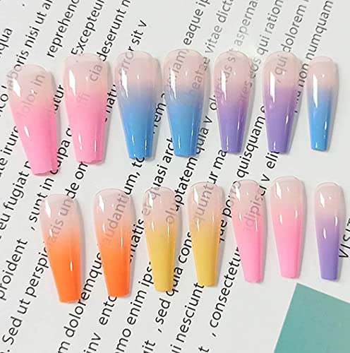 Fairvir Coffin Uñas postizas largas con degradado de color naranja Uñas postizas Bling Bailarina para fiestas Prensa diaria en uñas para mujeres y niñas (24 piezas) (Rosa)