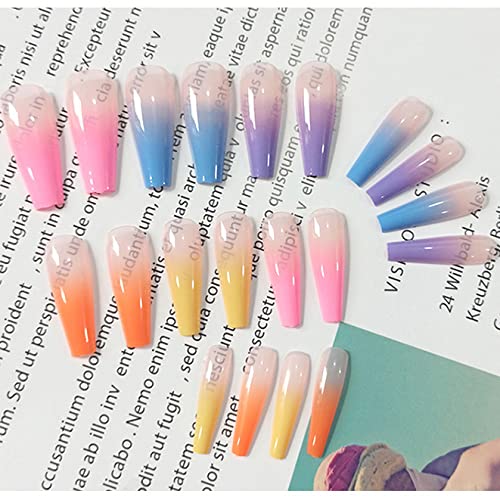 Fairvir Coffin Uñas postizas largas con degradado de color naranja Uñas postizas Bling Bailarina para fiestas Prensa diaria en uñas para mujeres y niñas (24 piezas) (Rosa)