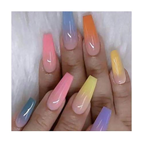 Fairvir Coffin Uñas postizas largas con degradado de color naranja Uñas postizas Bling Bailarina para fiestas Prensa diaria en uñas para mujeres y niñas (24 piezas) (Rosa)