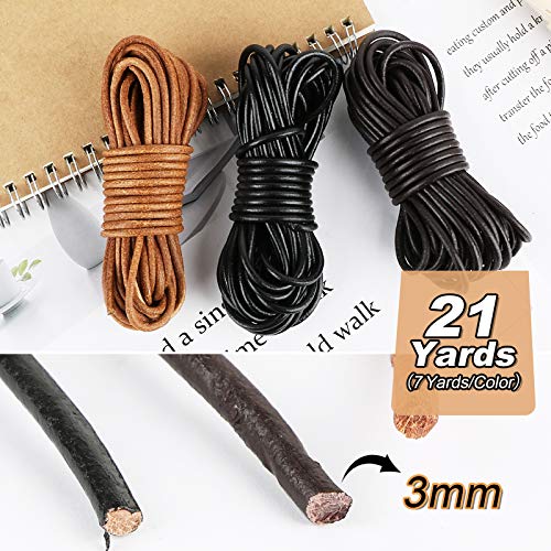 FLOFIA 3 Rollos de 20m x 3mm Cuerdas cuero redonda Cordón cuero Tira de piel negro marrón para Colgante Collar Pulsera Abalorios Manualidades DIY Bisutería Joyas (Negro, Marrón oscuro, Marrón natural)