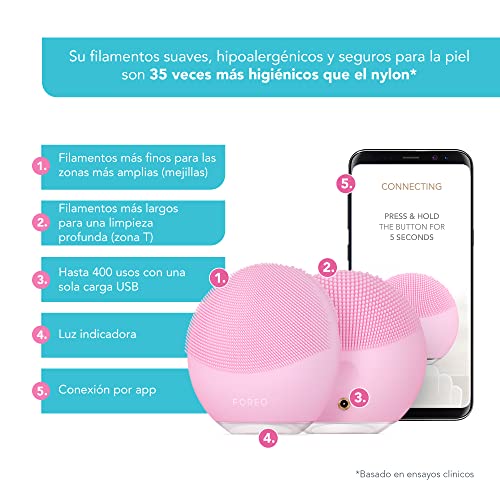 FOREO LUNA mini 3 Pearl Pink, cepillo de limpieza facial para todo tipo de pieles, ultra higiénico, modo Glow Boost, 12 intensidades, 400 usos por carga, conexión por app, 2 años de garantía