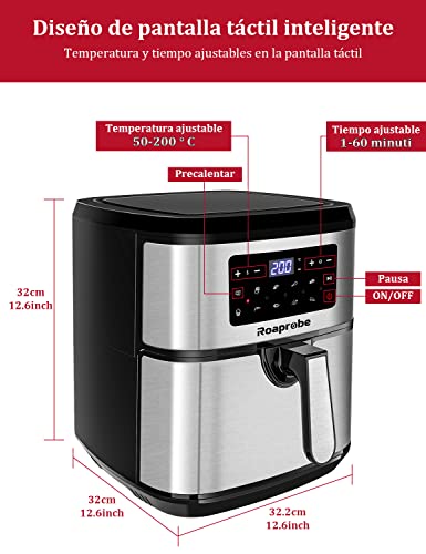 Freidora sin Aceite 7,5L, Roaprobe Freidora de aire, Air Fryer 1800W, on 9 Programas, Tiempo y Temperatura Ajustable, con Recetas para Patatas Fritas / Pollo Asado / Verduras, Sin BPA ni PFOA