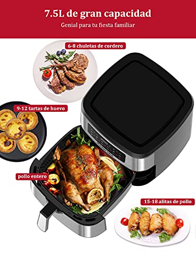 Freidora sin Aceite 7,5L, Roaprobe Freidora de aire, Air Fryer 1800W, on 9 Programas, Tiempo y Temperatura Ajustable, con Recetas para Patatas Fritas / Pollo Asado / Verduras, Sin BPA ni PFOA