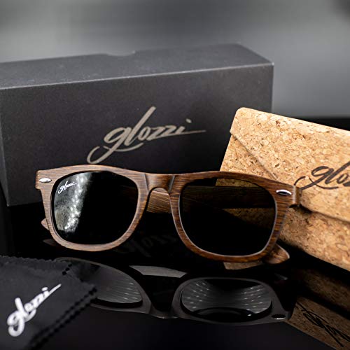 glozzi Gafas de sol madera de bambú para hombre y mujer con lentes reflectantes y polarizadas UV400 de categoría 3 y estuche de corcho - Marrón