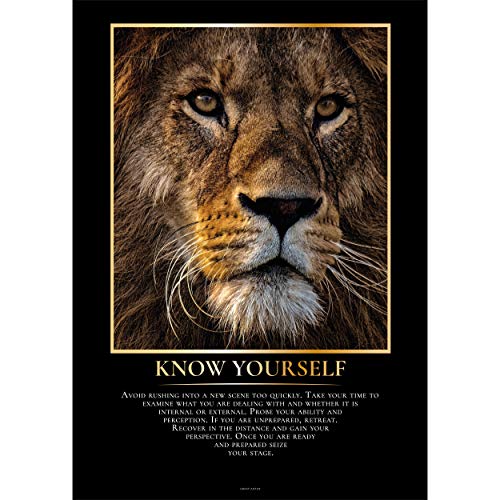 GREAT ART® Póster motivacional noble – Know Yourself – León majestuoso retrato animal inspiración decoración hogar (Din A2 42 x 59,4 cm)