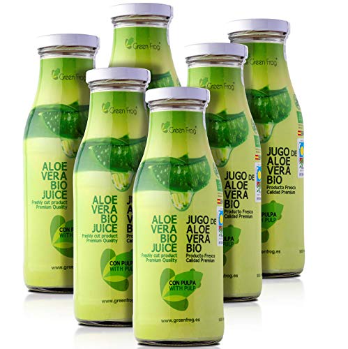 Green Frog Jugo de Aloe Vera Bio con Pulpa, Aloe Vera Fresco para Beber Ecológico Elaborado en España Pack de 6 Botellas, 6x500 ml