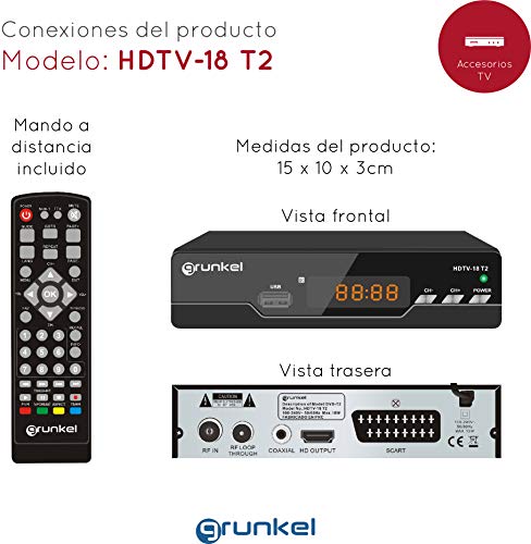 Grunkel - HDTV-18 T2 - Sintonizador TDT T2 USB reproductor y grabador en directo y diferido. Bajo Consumo. Mando a distancia. Marca España - Fácil instalación - Negro