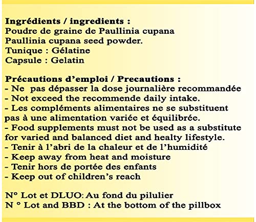 Guaraná 443 mg de polvo pura (que incluye 56 mg de cafeína) 120 cápsulas de acción: adelgazamiento y energía Conua 2003