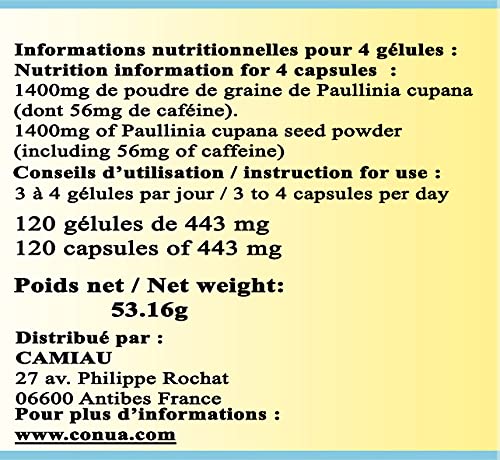 Guaraná 443 mg de polvo pura (que incluye 56 mg de cafeína) 120 cápsulas de acción: adelgazamiento y energía Conua 2003