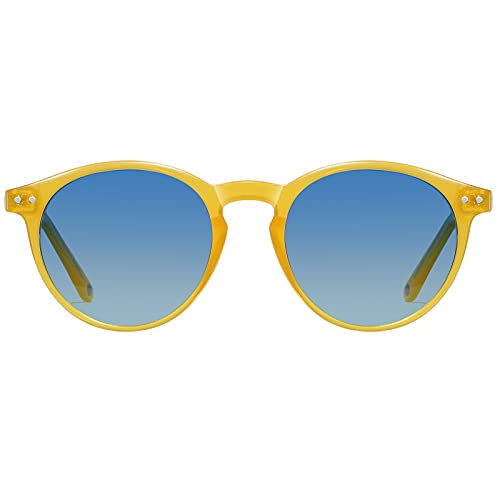 H HELMUT JUST Gafas de Sol para Hombre Mujer Redondas Vintage Polarizadas Amarillo Lente Azul TR90 y Acetato