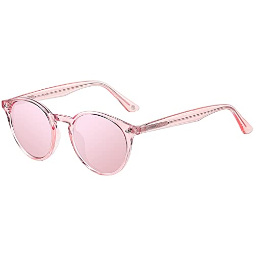 H HELMUT JUST Gafas De Sol para Mujer Hombre Redondas Polarizadas Vintage Unisex TR90 y Acetato Rosa Tipo Espejo