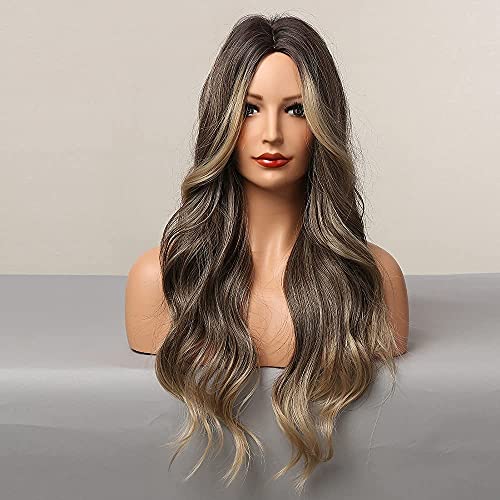 HAIRCUBE Pelucas largas marrones para mujer, pelo sintético con reflejos, peluca ondulada para cosplay, fiesta de 28 "