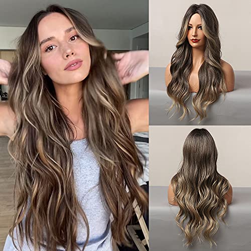 HAIRCUBE Pelucas largas marrones para mujer, pelo sintético con reflejos, peluca ondulada para cosplay, fiesta de 28 "