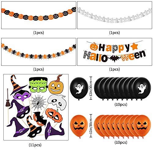 Halloween Globos Decoración Set, Halloween Feliz Banner,Diseño de Telaraña con Araña,10 Globo Fantasma,10 Globos de Calabaza Accesorios Fotográficos Miedo Halloween para Halloween Fiestas