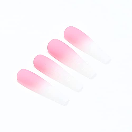 Handcess Coffin - Uñas postizas mate extra largas para bailarina, prensa en las uñas, rosa, blanco, degradado, acrílico, cubierta completa, uñas postizas, para mujeres y niñas (24 piezas)