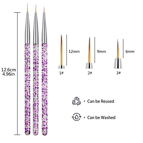 Hanyousheng Cepillo Uñas Para Pintura Brochas,Juego de 3 Pinceles Para Decoración de Uñas,Nail Art Pintura Dibujo Línea Herramienta,de Detalle Para Dibujando Patrones de Linea Pincel(Color Aleatorio)