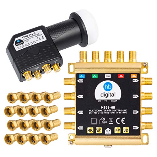 HB-DIGITAL Conmutador múltiple DVB-S/S2 5/8+LNB Quattro UHD 414 S negro+24 conectores F dorados para 1 SAT 8 receptores/receptores incluye fuente de alimentación MS58-HB HDTV Full HD 1080p 4 K, UHD