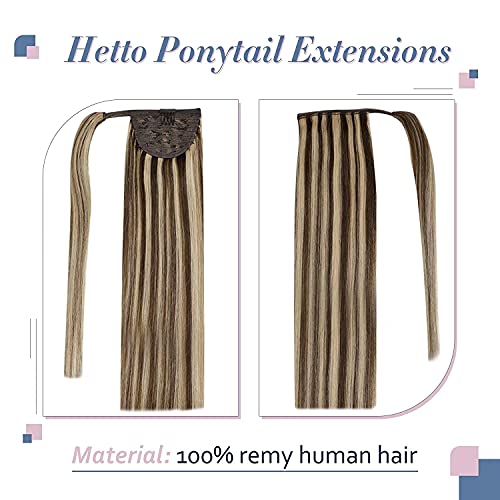 Hetto Extensiones Cola De Cabello Marrón Ponytail Clip en Extensiones Pelo Natural Cola De Cabello Marrón Oscuro con Rubio Caramelo 14Pulgada 70g