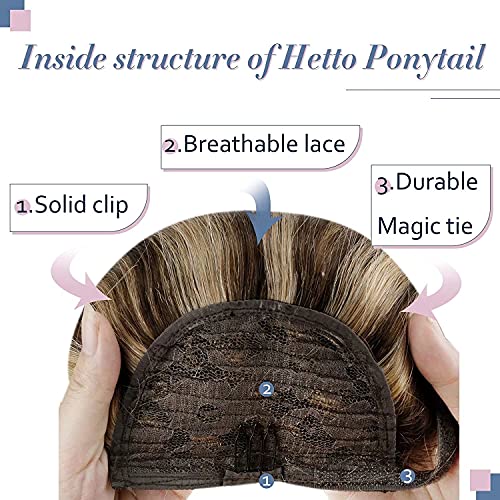 Hetto Extensiones Cola De Cabello Marrón Ponytail Clip en Extensiones Pelo Natural Cola De Cabello Marrón Oscuro con Rubio Caramelo 14Pulgada 70g