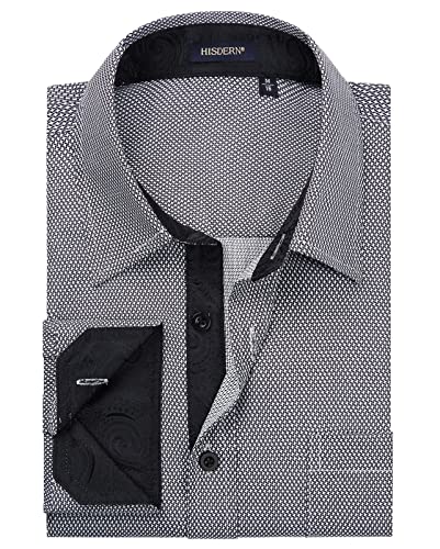 HISDERN Camisas Manga Larga Hombre Camisa de Vestir Formal Casual para Hombre Camisa Pata de Gallo con Bolsillo Slim Fit Elegante para Cena Trabajo,Gris 2,XL