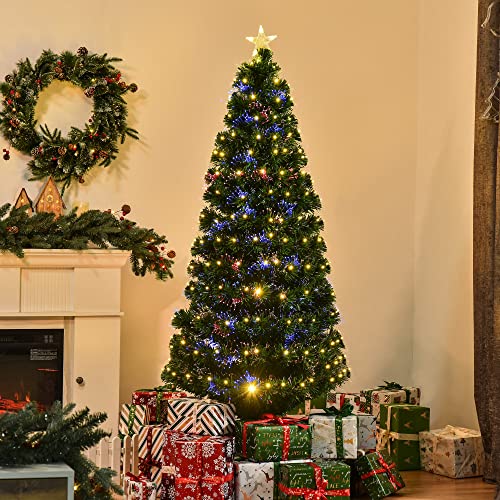 HOMCOM Árbol de Navidad 180cm Artificial Árbol con Soporte Metálico Luces LED Multicolores Verde Natural Material PVC