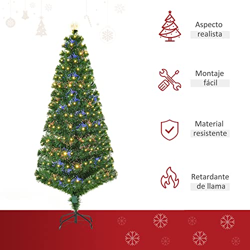 HOMCOM Árbol de Navidad 180cm Artificial Árbol con Soporte Metálico Luces LED Multicolores Verde Natural Material PVC