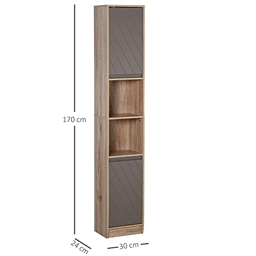 HOMCOM Armario Alto para Baño Columna de Baño con 2 Puertas y 2 Estantes Abiertos Mueble Auxiliar de Almacenaje para Salón Recibidor 30x24x170 cm Roble y Gris