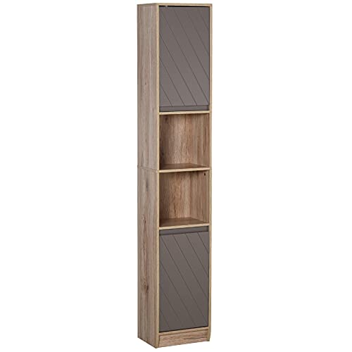 HOMCOM Armario Alto para Baño Columna de Baño con 2 Puertas y 2 Estantes Abiertos Mueble Auxiliar de Almacenaje para Salón Recibidor 30x24x170 cm Roble y Gris