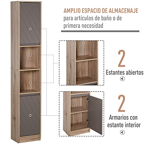 HOMCOM Armario Alto para Baño Columna de Baño con 2 Puertas y 2 Estantes Abiertos Mueble Auxiliar de Almacenaje para Salón Recibidor 30x24x170 cm Roble y Gris