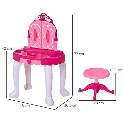 HOMCOM Tocador de Juguete Infantil Accesorios de Maquillaje con Espejo de +3 Años Efectos de Luz Música Puerto de MP3 Control Remoto 45x30,5x72 cm Rosa