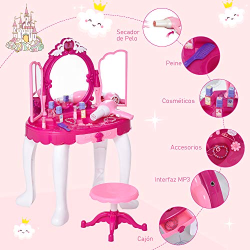 HOMCOM Tocador de Juguete Infantil Accesorios de Maquillaje con Espejo de +3 Años Efectos de Luz Música Puerto de MP3 Control Remoto 45x30,5x72 cm Rosa