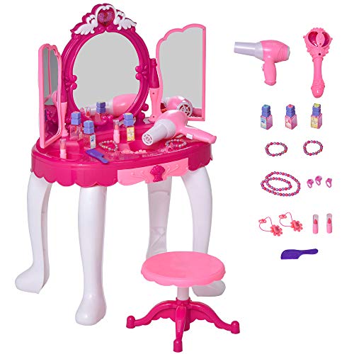 HOMCOM Tocador de Juguete Infantil Accesorios de Maquillaje con Espejo de +3 Años Efectos de Luz Música Puerto de MP3 Control Remoto 45x30,5x72 cm Rosa