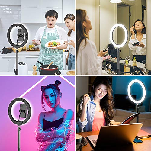 HQQNUO Aro de Luz,Aro de Luz con Tripode 10",3 Colores 10 Brillos Regulables,Bluetooth Control Remoto,con Soporte Giratorio de Teléfono,para Youtube/Selfie/Maquillaje/TIK Tok