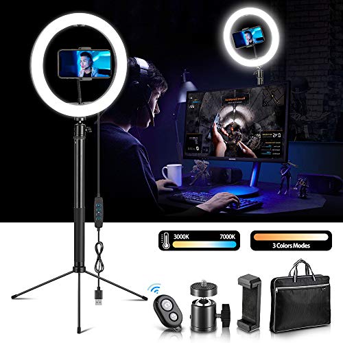 HQQNUO Aro de Luz,Aro de Luz con Tripode 10",3 Colores 10 Brillos Regulables,Bluetooth Control Remoto,con Soporte Giratorio de Teléfono,para Youtube/Selfie/Maquillaje/TIK Tok