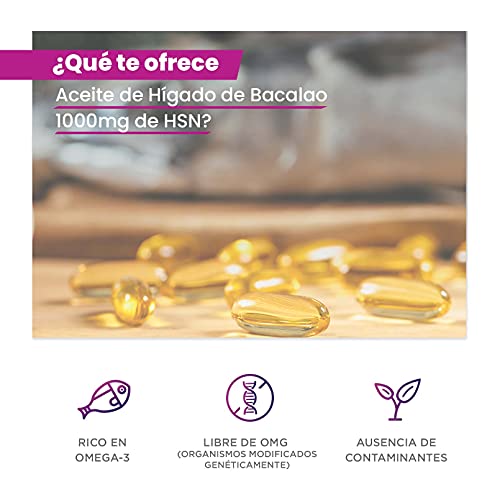 HSN Aceite de Hígado de Bacalao 120 Perlas | 2000mg por Dosis Diaria con Omega-3: 17% EPA + DHA | Cod Liver Oil con Vitamina A y Vitamina D | No-GMO, Sin Gluten ni Lactosa