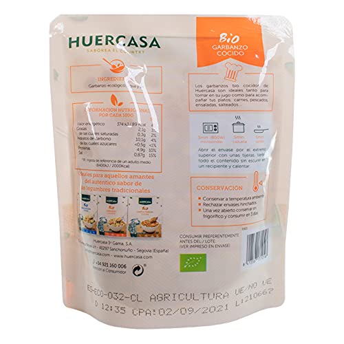 HUERCASA - Garbanzos Orgánicos Cocidos al Natural. Pack de 6 Envases. Sin Gluten, Vegano. Envasado al Vacío. Listo para Comer