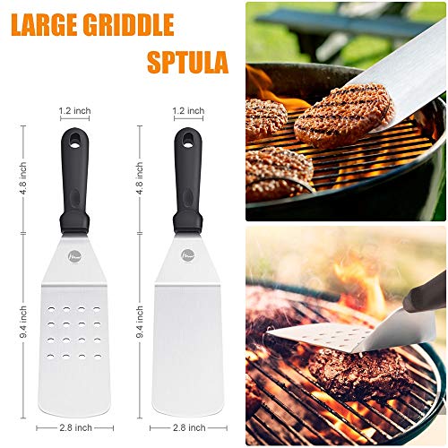 Huolewa 9 Piezas Conjunto de Espátula para Barbacoa, Juego de Barbacoa de Espatula Plancha de Acero Inoxidable, Herramientas de Espátula para Grill, con Cepillo, Botella y Bolsa de Almacenamiento