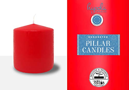 Hyoola Velas de pilar rojas de 7,6 x 7,6 cm – Velas sin perfume – Paquete de 6 – Fabricado en Europa