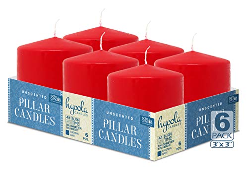 Hyoola Velas de pilar rojas de 7,6 x 7,6 cm – Velas sin perfume – Paquete de 6 – Fabricado en Europa