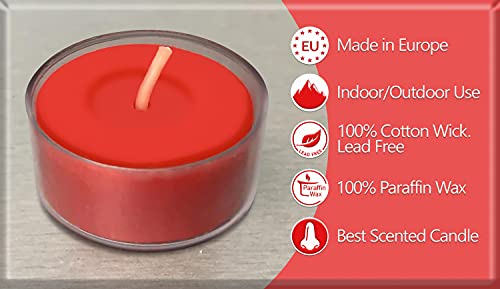 Hyoola Velas de Té Perfumadas - Velas Candelitas en Vaso Transparente - Velas Aromáticas con Aroma a Fresa - Rojo - 6 Horas de Combustión - Pack de 15 - Hechas en Europa