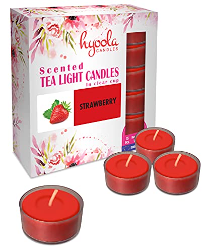 Hyoola Velas de Té Perfumadas - Velas Candelitas en Vaso Transparente - Velas Aromáticas con Aroma a Fresa - Rojo - 6 Horas de Combustión - Pack de 15 - Hechas en Europa