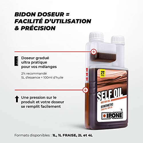 IPONE - Aceite Motor Self Oil - Jardinería - Envase dosificador 1 Litro - Lubricante Semisintético - para Todas las máquinas de 2 Tiempos - Olor a Fresa