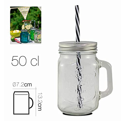 Jarra de cristal con tapa y pajita 50 cl, frasco, bote reutilizable con asa para cocktails, limonadas, bebidas frías, ideal para fiestas, celebraciones con amigos, familia