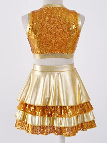 JEATHA Traje de Baile para Niñas Conjunto de Lentejuelas Brillantes Tanks Top con Cremallera y Falda Corto de Tutu Ropa de Baile Jazz Disfraz de Bailarina Actuación 4-14 Años Dorado 4 años