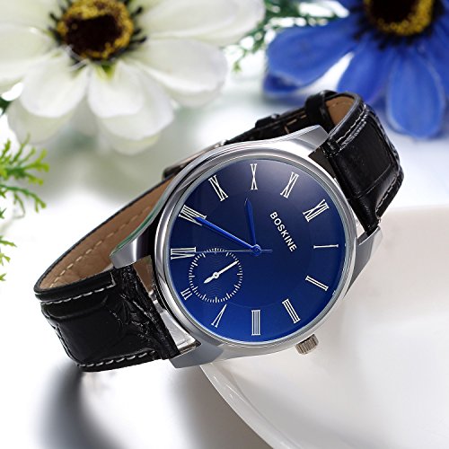 JewelryWe Relojes de Hombre Los Enamorados Reloj Azul Analogico con Correa de Cuero Negro, Buen Regalo de San Valentín Navidad